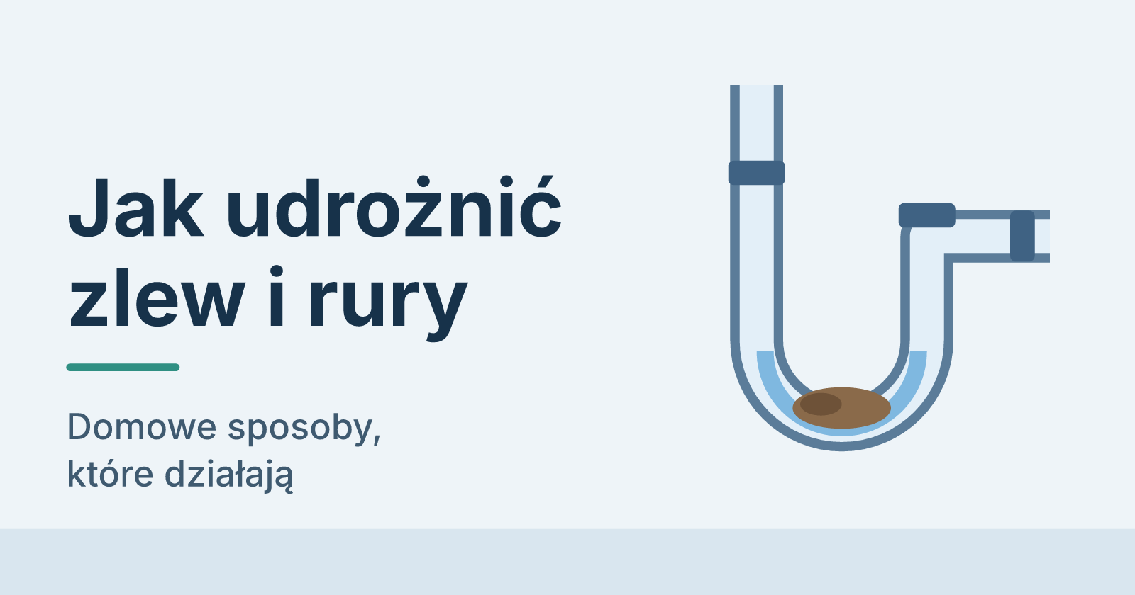 Syfon pod zlewem z zatorem w najniższym punkcie rury i napis „Jak udrożnić zlew i rury"
